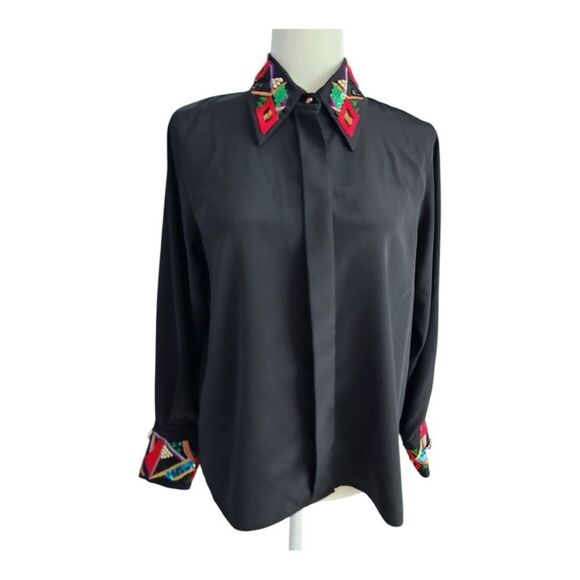 Vintage 80s Yves Saint Clair Black Button Down Embroidered Collar Sequins  10P - Picture 1 of 14